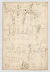 Pantheon, portico, Corinthian column capital, projection, plan, and details; column shaft, profile; beam architrave, elevation (recto) Pantheon, cella, perspective, details; vault, details; portal, interior, cornice, profile (verso) by Anonymous, French, 16th century