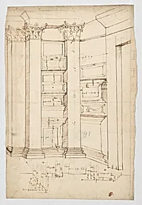 Pantheon, vestibule, perspective; panel moulding, profiles (recto) Pantheon, rectangular niche, plan; half round niche, plan (verso) by Anonymous, French, 16th century