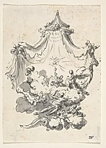 Parted Curtains Revealing Angels Upon Clouds Worshipping a Monstrance (Design for a Stage Set?) by Giovanni Battista Natali III