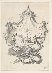 Parted Curtains Revealing Angels Upon Clouds Worshipping a Monstrance (Design for a Stage Set?)