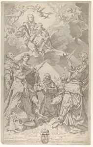 Patron saints of Bologna looking upwards at the Virgin who is seated in the clouds with the infant Christ on her lap, after Reni