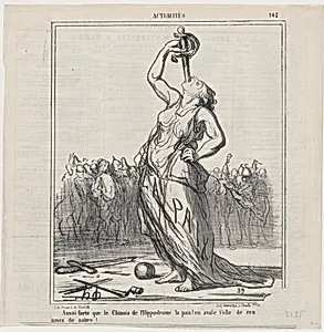 Peace, as strong as the Chinese at the hippodrome... will she also be able to swallow sabre blades?, from 'News of the day,' published in Le Charivari, August 1, 1867 by Honoré Daumier|Arnaud de Vresse|Destouches