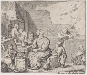 Peasant woman, seated, and cooking, with three children and a man around her