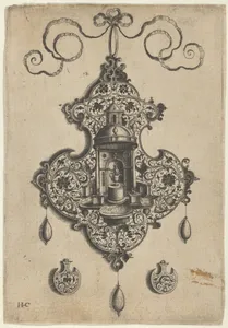 Pendant Design with a Circular Temple and Burning Pot Above Axe-Shaped Ornaments