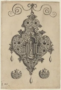 Pendant Design with a Domed Church and Urn Above Axe-Shaped Ornaments