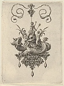 Pendant Design with a Sea Monster Carrying Neptune Flanked by Two Nerieds by Jan Collaert I|Philips Galle|Adriaen Collaert