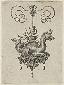 Pendant Design with a Sea Monster Carrying Neptune on an Urn Beside a River-God with an Oar by Jan Collaert I|Philips Galle|Adriaen Collaert