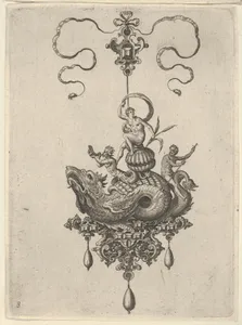 Pendant Design with a Sea Monster Carrying a Woman on a Shell Flanked by a Triton and a Man with an Oar