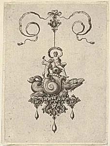Pendant Design with a Sea Monster in a Shell Carrying a Triton and a Woman with a Sail by Jan Collaert I|Philips Galle|Adriaen Collaert