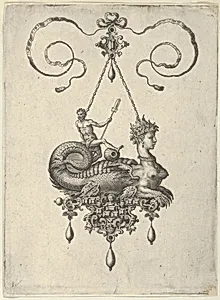 Pendant Design with a Sphinx with the Body of a Fish Carrying a Man with an Oar by Jan Collaert I|Philips Galle|Adriaen Collaert