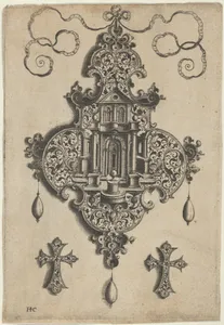 Pendant Design with a Temple and Vase Above Cross-Shaped Ornaments