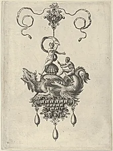 Pendant Design with a Winged Sea Monster Carrying Venus Anadyomene on a Shell and a Man with an Oar by Jan Collaert I|Philips Galle|Adriaen Collaert