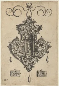 Pendant Design with Niche and a Vase with Two Handles Above Rectangular Ornaments