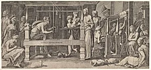 Penelope standing in the centre by a large weaving table amongst her women spinning and weaving by Master FG|Francesco Primaticcio