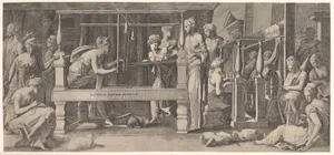 Penelope standing in the centre by a large weaving table amongst her women spinning and weaving