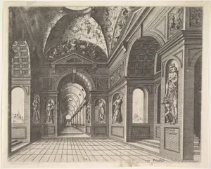 Perspective view of the interior of a hall, with cross-vault decorated with grotesques, plate 18, from Scenographiae sive Perspectivae