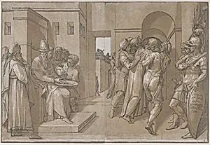Pilate at the left washing his hands (left side of sheet)