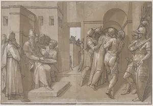 Pilate at the left washing his hands (left side of sheet)