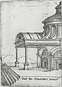 Pinaculu Termar, from a Series of Prints depicting (reconstructed) Buildings from Roman Antiquity by Monogrammist G.A. & the Caltrop