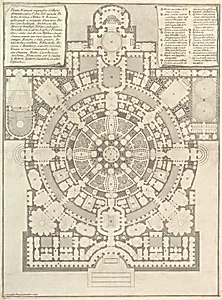 Plan of a spacious and magnificent College designed after the ancient gymnasia of the Greeks and the baths of the Romans..., from "Opere Varie di Architettura, prospettive, grotteschi, antichità; inventate, ed incise da Giambattista Piranesi Architetto Veneziano" (Various Works of Architecture, perspectives, grotesques and antiquities; designed and etched by Giambattista Piranesi, Venetian Architect) by Giovanni Battista Piranesi|Giovanni Bouchard