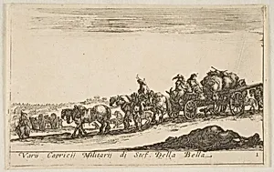 Plate 1: a horse drawn cart carrying people and goods, dead horse in the foreground, from "Various Military Caprices" (Varii capricci militari) by Stefano della Bella|Pierre François Basan