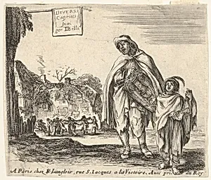 Plate 1: a man sings and plays the hurdy gurdy, accompanied by a boy playing the triangle to right, a group of peasants dancing in a ring to left in background, title page for 'Diversi capricci' by Stefano della Bella|Nicolas Langlois