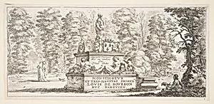 Plate 1: a monument with statues and a coat of arms in the center, a draughstman on the ground beneath a tree to right, two groups of lovers to left in the background, from 'Various landscapes' (Divers paysages) by Stefano della Bella|Israël Henriet|Louis de Bourbon duc d'Anguien