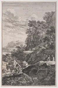 Plate 1: a peasant checking the hoof of his mule by a stream, from "Landscapes in the manner of Salvator Rosa" (Die Landschaften in Sal. Rosa's)