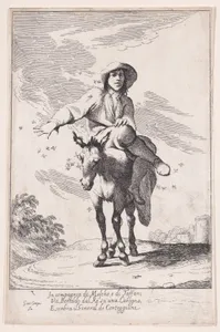 Plate 1: Bertoldo riding a donkey, from "Bertoldo, Bertoldino, and Cacasenno"