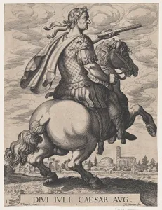 Plate 1: Emperor Julius Caesar on Horseback, from ' The First Twelve Roman Caesars', after Tempesta