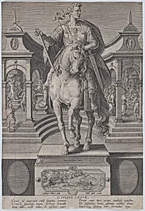 Plate 1: equestrian statue of Julius Caesar, seen from the front, with a scene of a naval battle on pedestal below, from 'Roman Emperors on Horseback' by Adriaen Collaert|Jan van der Straet, called Stradanus|Philips Galle