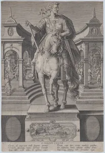 Plate 1: equestrian statue of Julius Caesar, seen from the front, with a scene of a naval battle on pedestal below, from 'Roman Emperors on Horseback'