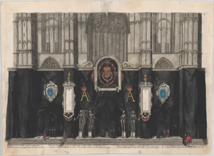 Plate 1: Figures gathered before a curtained wall, decorated with three armorials with the coat of arms and symbols celebrating Archduke Albert, four skeletons on pedestals at center, gothic facade in background; from 'Pompa Funebris ... Alberti Pii'