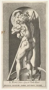 Plate 1: Saturn in a niche devouring his son, standing before a scythe, from a series of mythological gods and goddesses