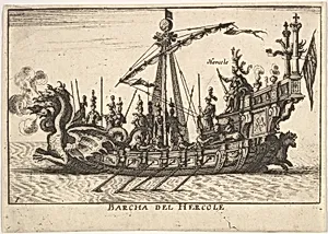 Plate 1: Ship of Hercules (Barcha del Hercole), with dragon-headed prow and Hercules on platform behind oarsmen and standing soldiers, from the series 'The magnificent pageant on the river Arno in Florence for the marriage of the Grand Duke' (Le Magnifique carousel fait sur le fleuve de l'Arne a Florence, pour le mariage du Grand Duc), for the wedding celebration of Cosimo de' Medici in Florence, 1608 by Anonymous|Giulio Parigi|Remigio Cantagallina|Jean Sauvé