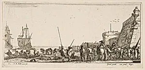 Plate 1: soldiers waiting to board a ship, from 'Various Embarkations' (Divers embarquements) by Stefano della Bella|Israël Henriet