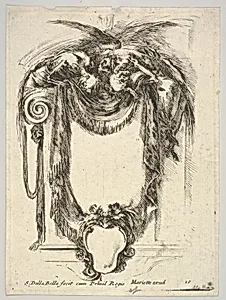 Plate 10: a cartouche formed by drapery and topped with two skeletons atop an Ionic entablature, from 'Nouvelles inventions de Cartouches' by Stefano della Bella|Pierre Mariette le fils