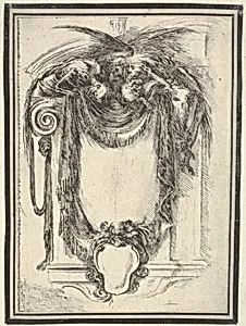 Plate 10: a cartouche formed by drapery and topped with two skeletons atop an Ionic entablature, from 'Nouvelles inventions de Cartouches' by Stefano della Bella