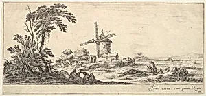 Plate 10: a family in center foreground, various figures and horses in middleground, a windmill in center background, from 'Various landscapes' (Divers paysages) by Stefano della Bella|Israël Henriet