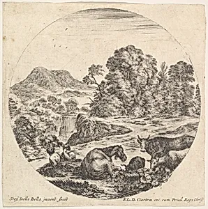 Plate 10: a horse lying down in center, a cow and two goats to right, two seated shepherds to left, a waterfall and a mountain to left in the background, a round composition, from 'Roman landscapes and ruins' (Paysages et ruines de Rome) by Stefano della Bella|François Langlois