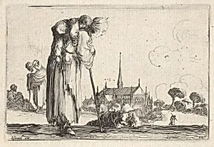 Plate 10: a peasant woman turned towards the right with a child on her back, a boy lying on the ground behind her in center, two women and a child to left in middleground, a church to right in background, from 'Caprice faict par de la Bella' by Stefano della Bella|Israël Henriet
