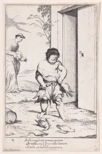 Plate 10: Bertoldino fastening geese to his belt, from "Bertoldo, Bertoldino, and Cacasenno"