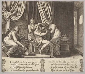 Plate 10: nymphs assisting Psyche to dress her hair, from "The Fable of Psyche"