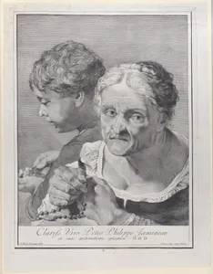 Plate 10: Old woman with a rosary and a boy counting coins; from 'Icones ad vivum expressae' after Giovanni Battista Piazzetta