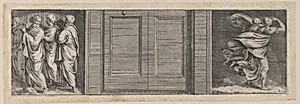 Plate 10: Three figures at left and two figures running at right, after a lost fresco in the basamento of Bay 9 in the Vatican Loggia by Pietro Santi Bartoli|Giovanni Giacomo De Rossi|Raphael (Raffaello Sanzio or Santi)