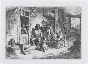 Plate 10: two figures dancing, another seated playing an drum, from the series of customs and pastimes of the Spanish people