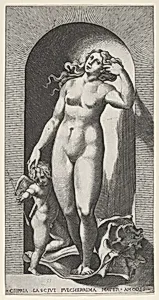Plate 10: Venus in a niche, standing on a conch shell, with Cupid to her right, from "Mythological Gods and Goddesses" by Giovanni Jacopo Caraglio|Rosso Fiorentino
