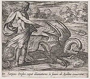 Plate 100: Apollo Killing the Serpent Attacking Opheus's Head (Serpens Orphei caput dilaniaturus in saxum ab Apolline convertitur), from Ovid's 'Metamorphoses' by Antonio Tempesta
