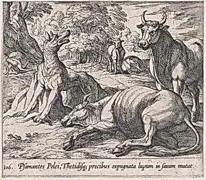 Plate 106: Peleus's Cattle, ad the Sea Wolf Turned to Marble (Psamantes Pelei, Thetidisq precibus expugnata lupum in saxum mutat), from Ovid's 'Metamorphoses' by Antonio Tempesta