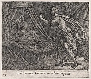 Plate 109: Iris Giving Sleep Juno's Command (Iris Somno Iunonis mandata exponit), from Ovid's 'Metamorphoses' by Antonio Tempesta